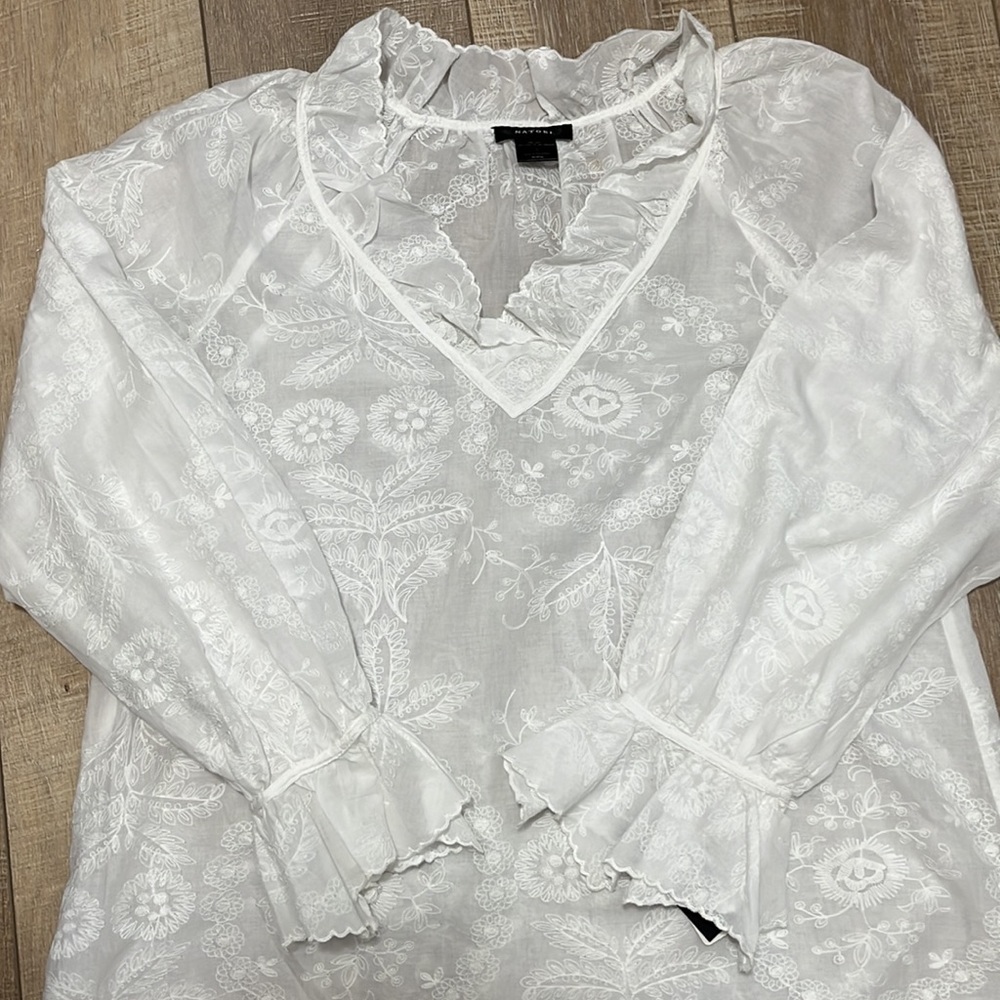 Natori Long Flare Sleeve Sheer Floral White Embroidered Boho Dress Cover Up S - Picture 14 of 14